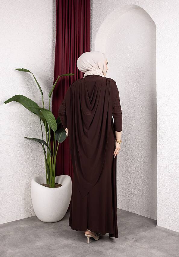 Acı Kahve Harika Asil Pelerinli Tokalı Sandy Elbise - 3