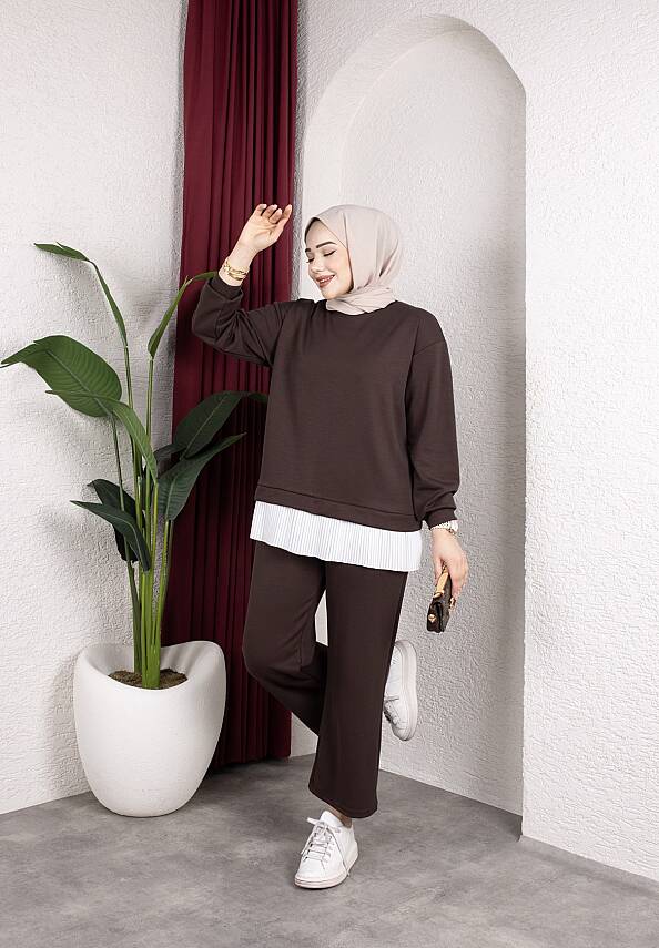 Acı Kahve OYSHO Kumaş Kendinden İçlikli Pantolonlu Takım - 1