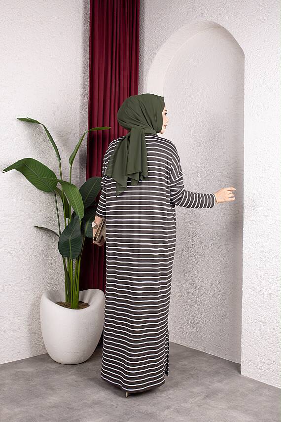 Haki Beyaz Çizgili Yanları Yırtmaç Detaylı Elbise - 3