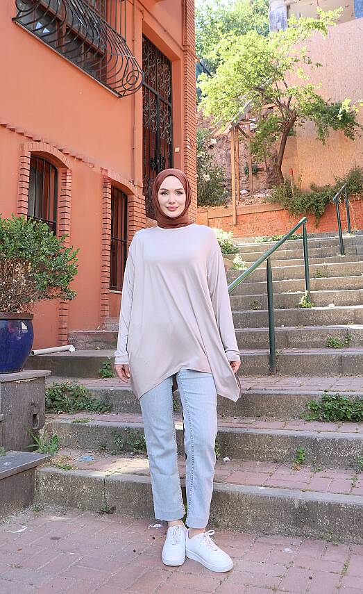 Bej Yanları Yırtmaçlı Salaş Tunik - 1