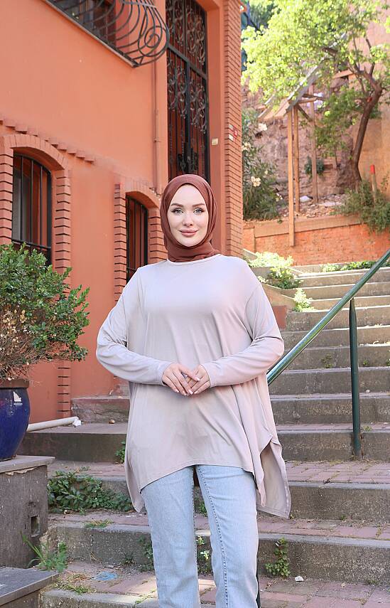 Bej Yanları Yırtmaçlı Salaş Tunik - 2