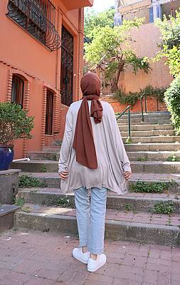Bej Yanları Yırtmaçlı Salaş Tunik - 3