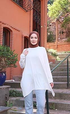 Beyaz Yanları Yırtmaçlı Salaş Tunik - 3