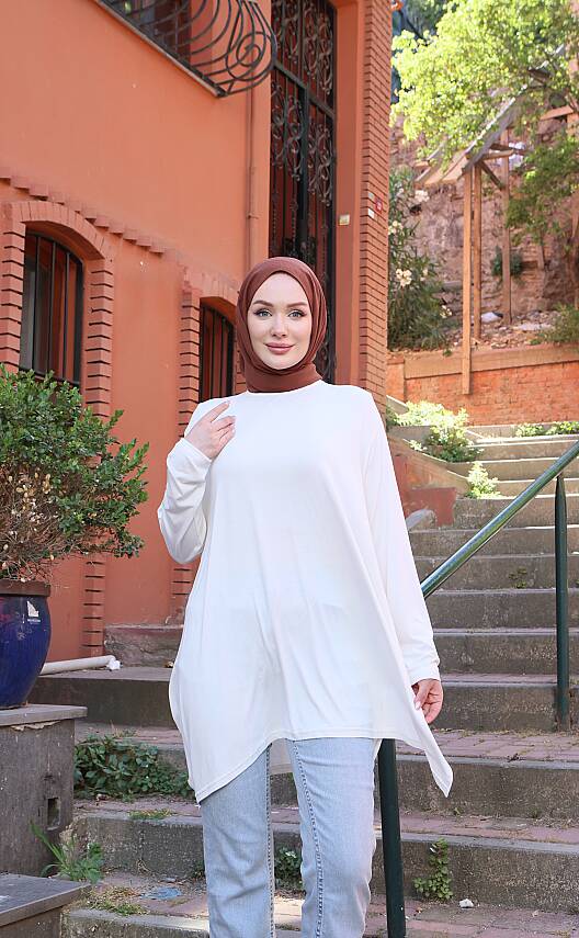 Beyaz Yanları Yırtmaçlı Salaş Tunik - 3