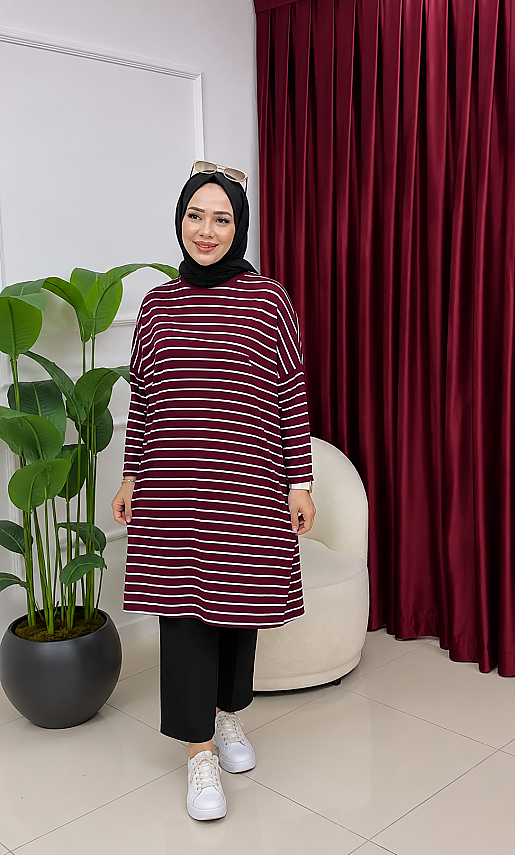 Bordo Beyaz Çizgili Penye Tunik - 1