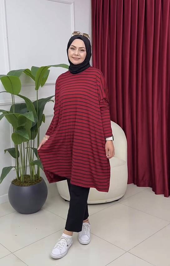 Bordo siyah Çizgili Penye Tunik - 1