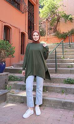 Haki Yeşil Yanları Yırtmaçlı Salaş Tunik