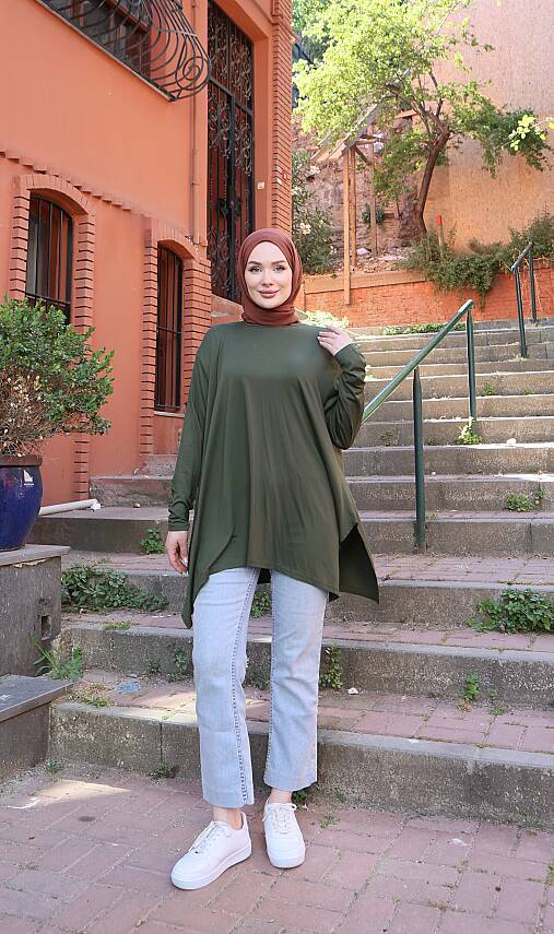 Haki Yeşil Yanları Yırtmaçlı Salaş Tunik - 1