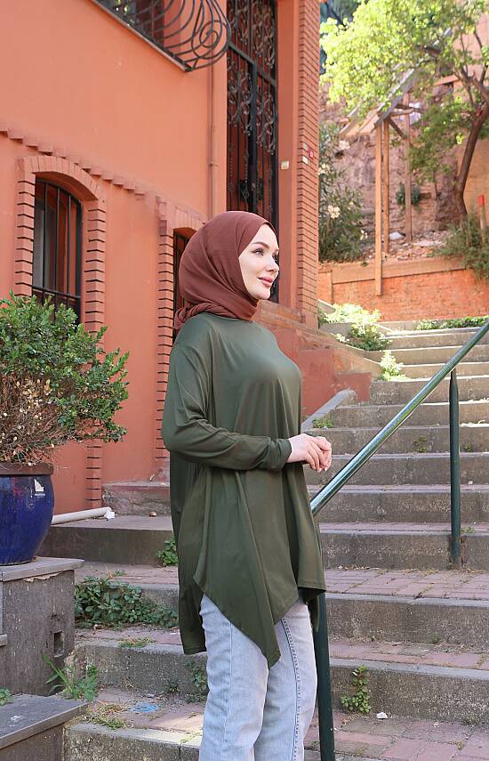 Haki Yeşil Yanları Yırtmaçlı Salaş Tunik - 2