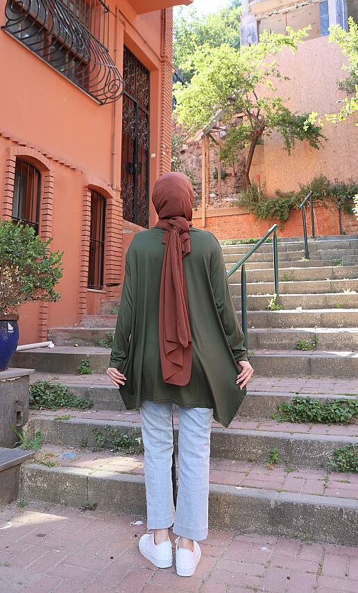 Haki Yeşil Yanları Yırtmaçlı Salaş Tunik - 3