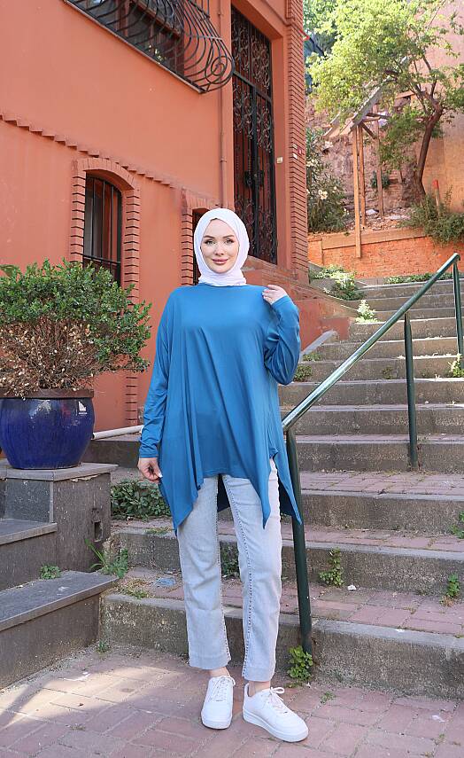 İndigo Mavi Yanları Yırtmaçlı Salaş Tunik - 1