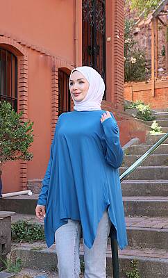 İndigo Mavi Yanları Yırtmaçlı Salaş Tunik - 2