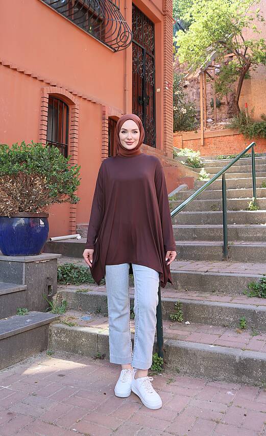 Kahve Yanları Yırtmaçlı Salaş Tunik - 1