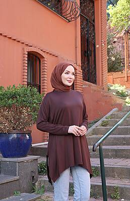 Kahve Yanları Yırtmaçlı Salaş Tunik - 3
