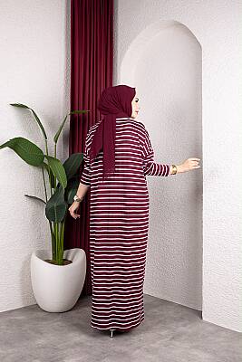 Bordo beyaz Çizgili Yanları Yırtmaç Detaylı Elbise - 2