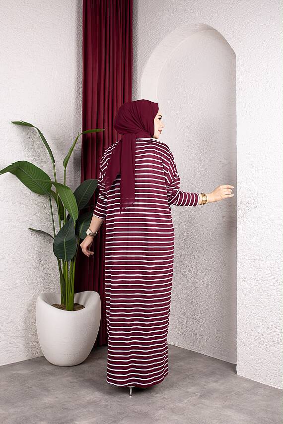 Bordo beyaz Çizgili Yanları Yırtmaç Detaylı Elbise - 2