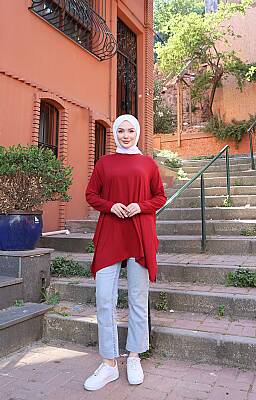 Kırmızı Yanları Yırtmaçlı Salaş Tunik