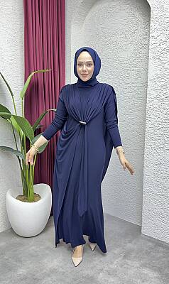 Lacivert Harika Asil Pelerinli Tokalı Sandy Elbise