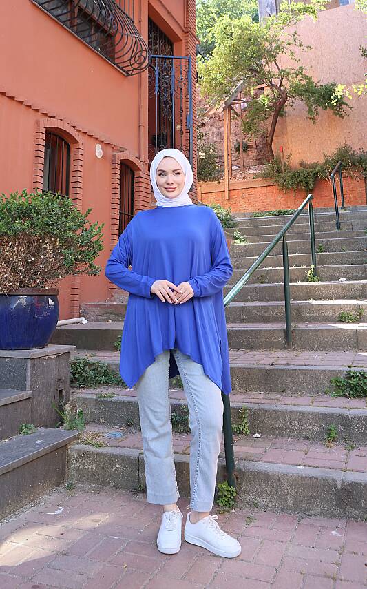 saks mavi Yanları Yırtmaçlı Salaş Tunik - 1