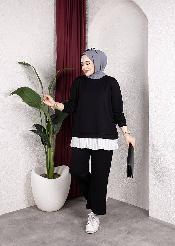 Siyah OYSHO Kumaş Kendinden İçlikli Pantolonlu Takım - 1
