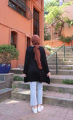 Siyah Yanları Yırtmaçlı Salaş Penye Tunik - 3